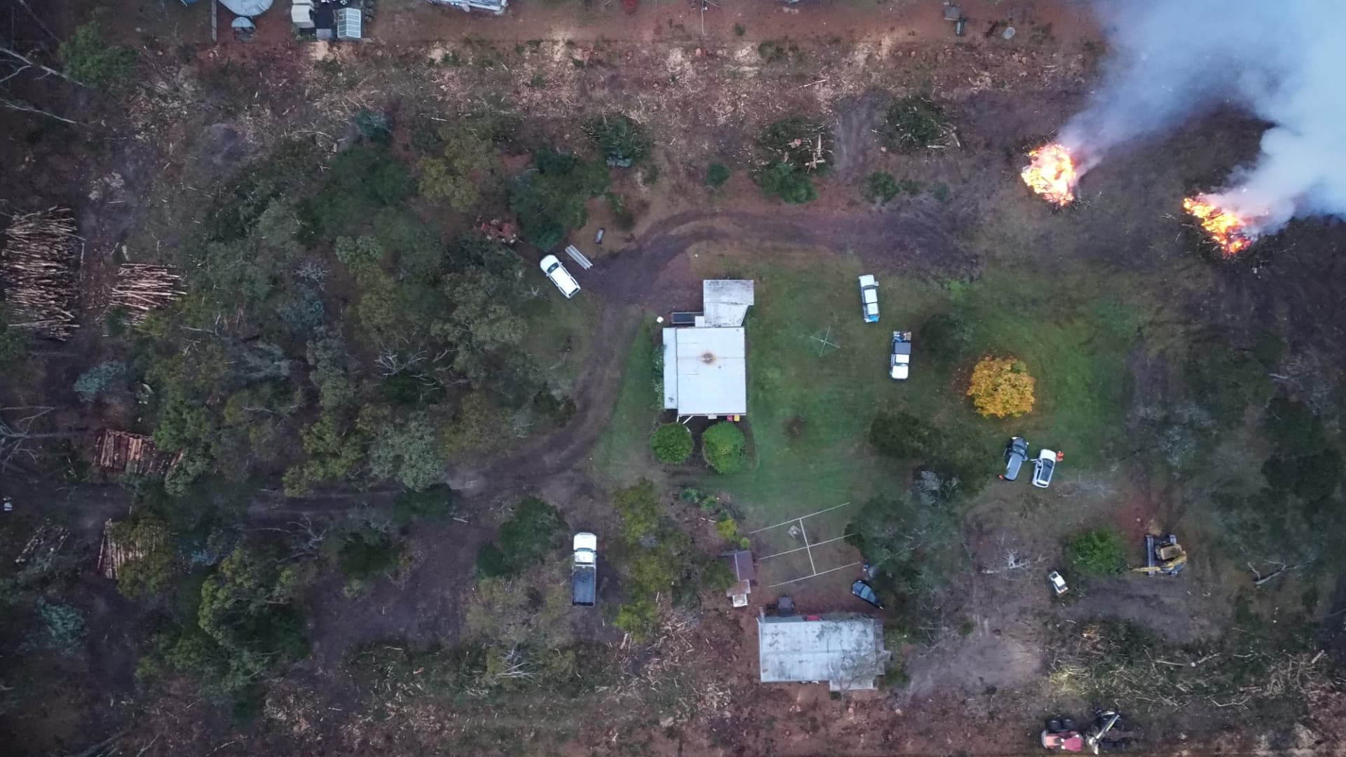 Aerial view of the Lal Lal property with cleared windbreak and burn piles